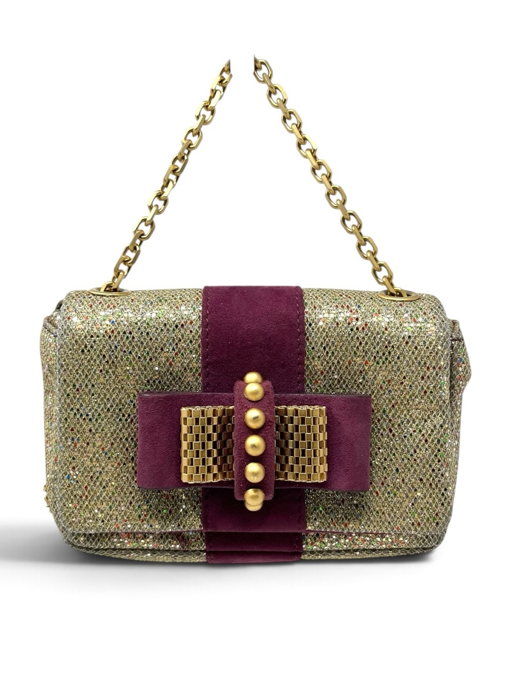 Christian Louboutin Sweet Charity Mini Bag Purse Gold Glitter Purple Suede Bow